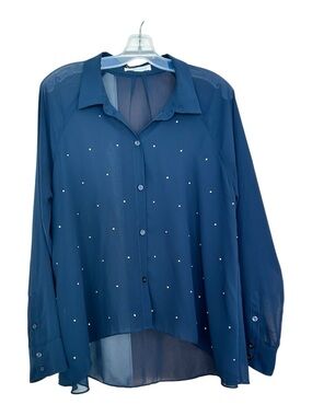 BCBGeneration Navy Blue Sheer Button-Down Blouse with Stud Accents